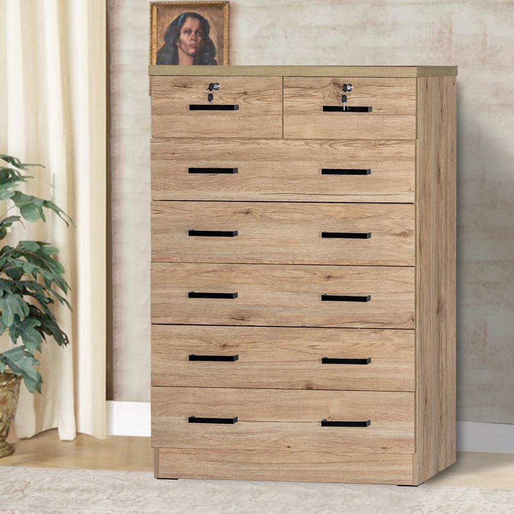 Better Home Products Cindy 7 Drawer Chest Wooden Dresser with Lock - Natural Oak. Picture 8