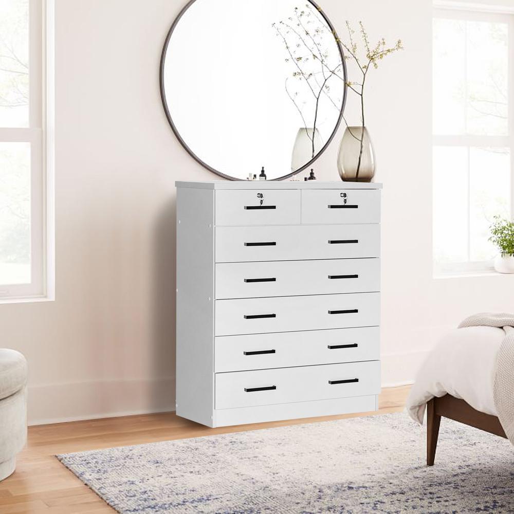 Better Home Products Cindy 7 Drawer Chest Wooden Dresser with Lock in White. Picture 2