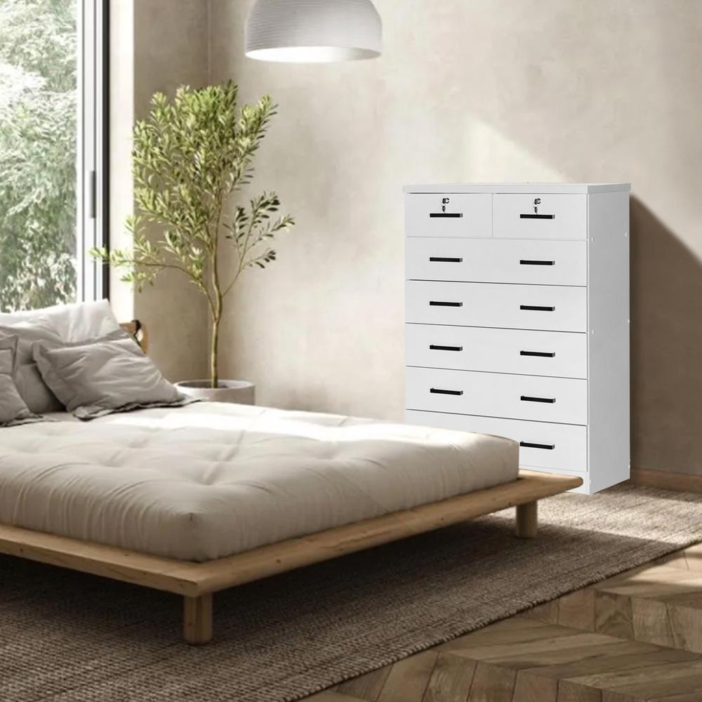 Better Home Products Cindy 7 Drawer Chest Wooden Dresser with Lock in White. Picture 3