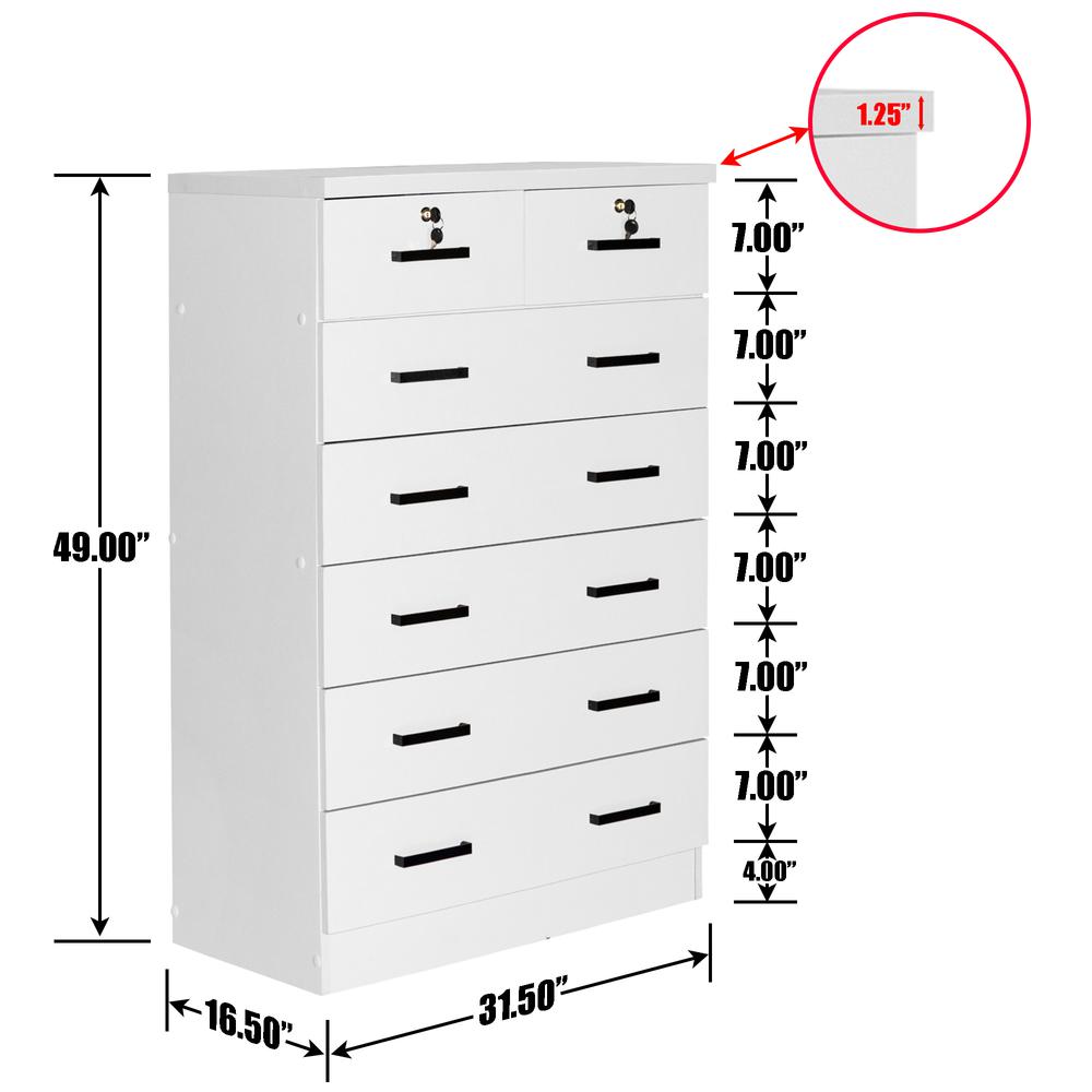 Better Home Products Cindy 7 Drawer Chest Wooden Dresser with Lock in White. Picture 5