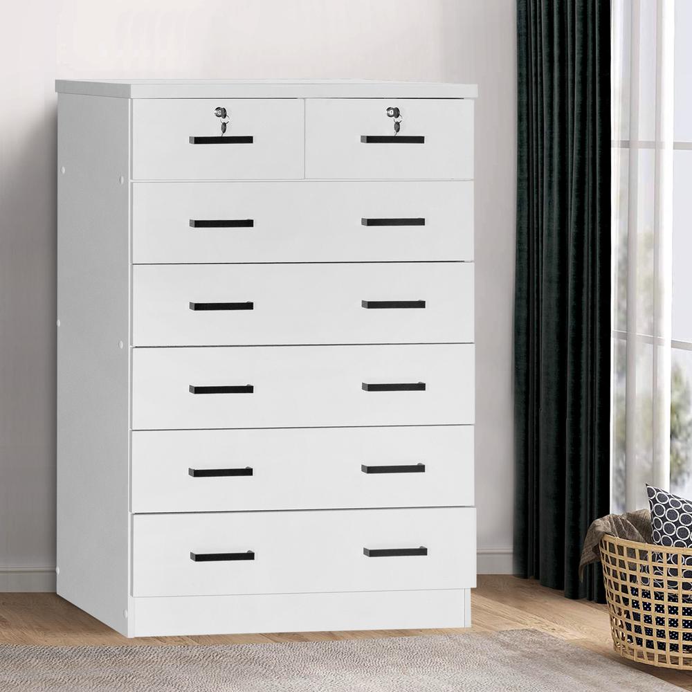 Better Home Products Cindy 7 Drawer Chest Wooden Dresser with Lock in White. Picture 11
