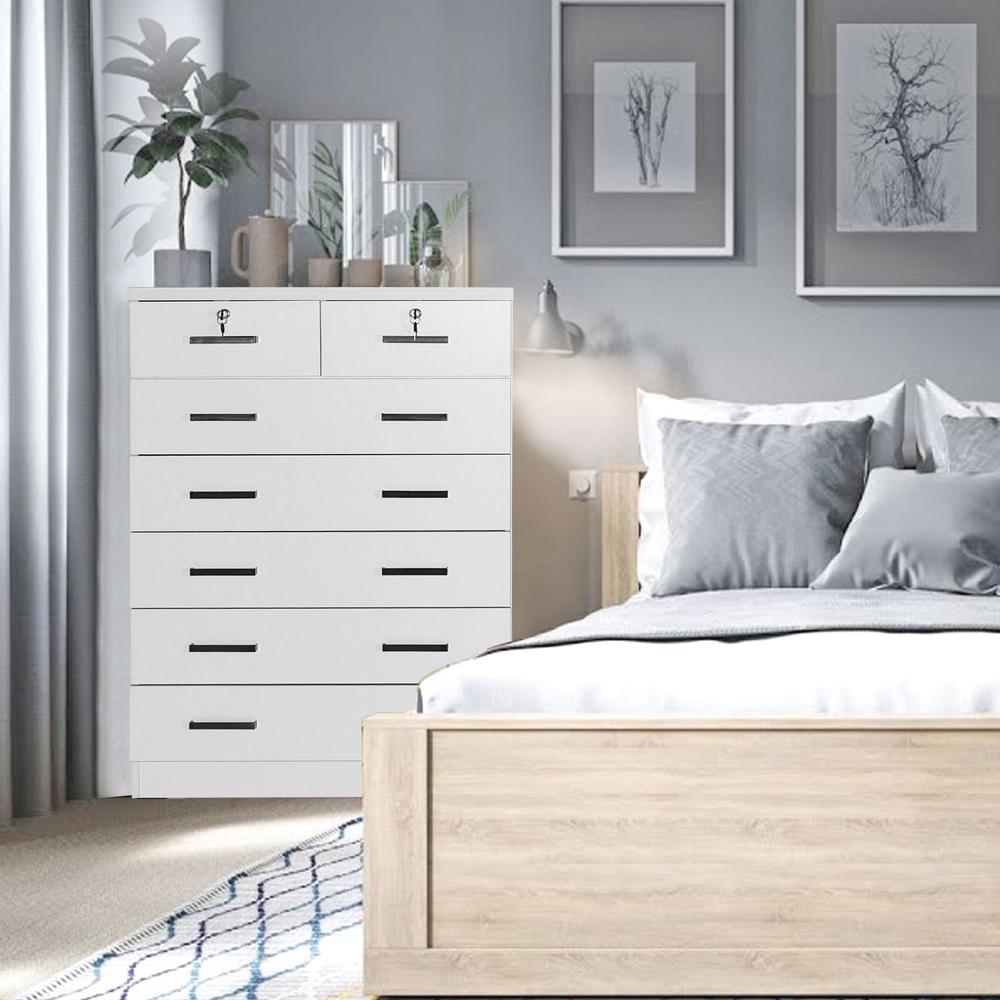 Better Home Products Cindy 7 Drawer Chest Wooden Dresser with Lock in White. Picture 12