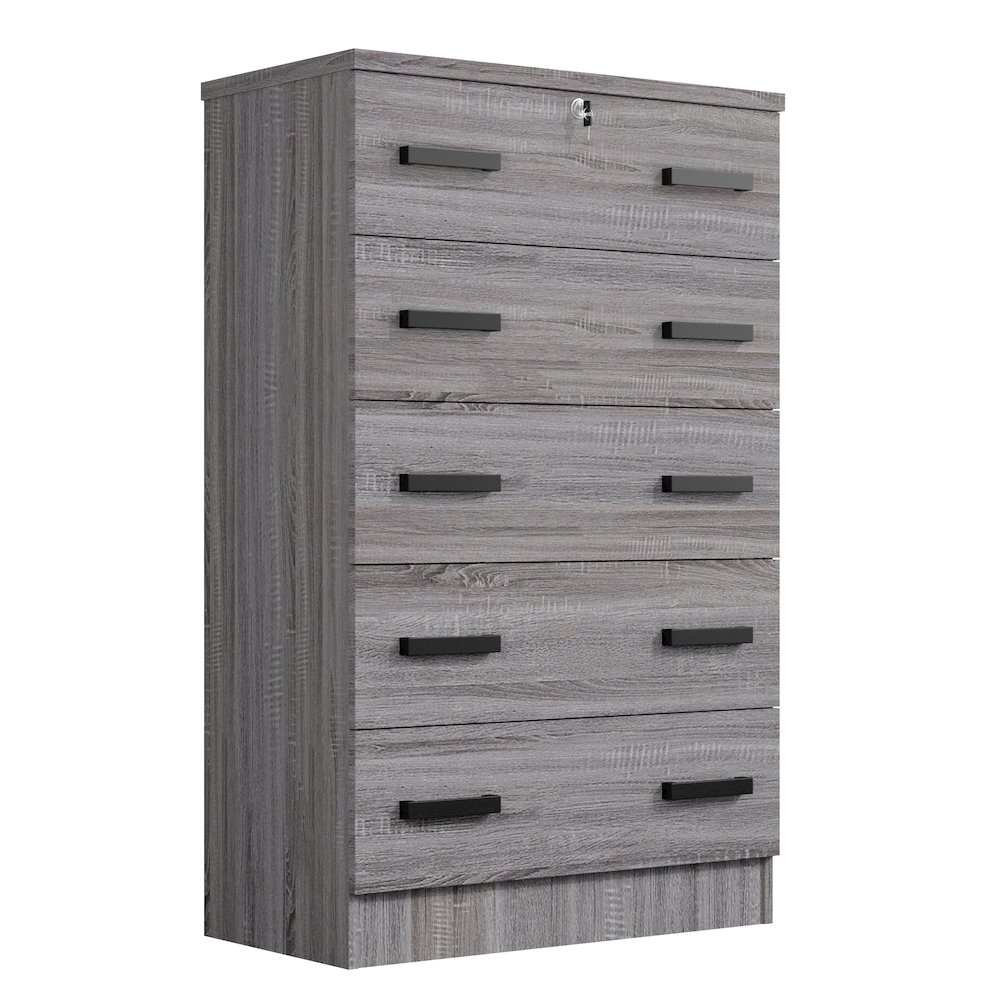 Cindy 5 Drawer Chest Wooden Dresser with Lock (Grey). Picture 1