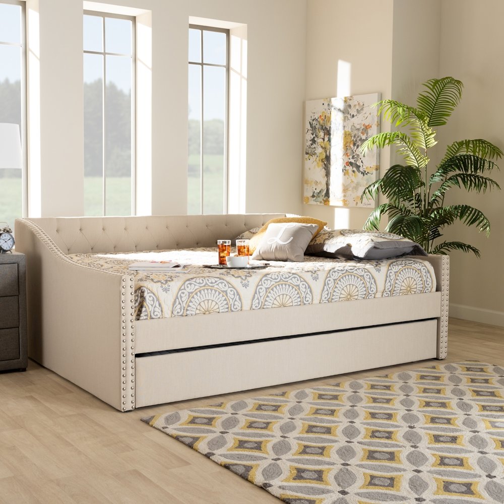 Baxton Studio Haylie Modern and Contemporary Beige Fabric Upholstered Full Size Daybed with Roll-Out Trundle Bed. Picture 6