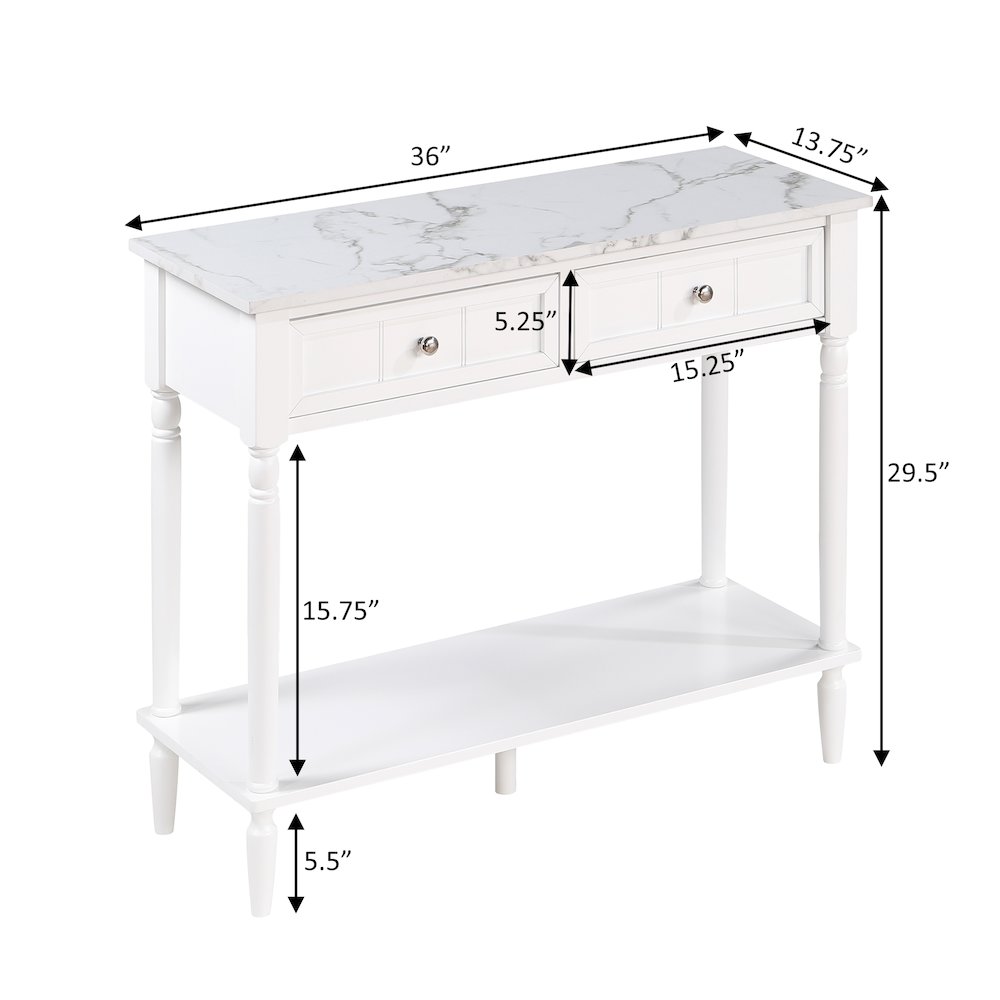 French Country 2 Drawer Hall Table with Shelf, White Faux Marble/White. Picture 6