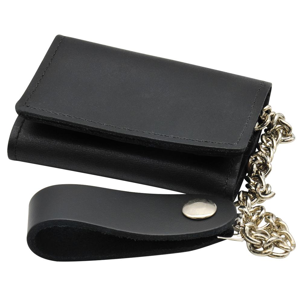 Chain Wallet Biker Style Leather Trifold Black CWT. Picture 1