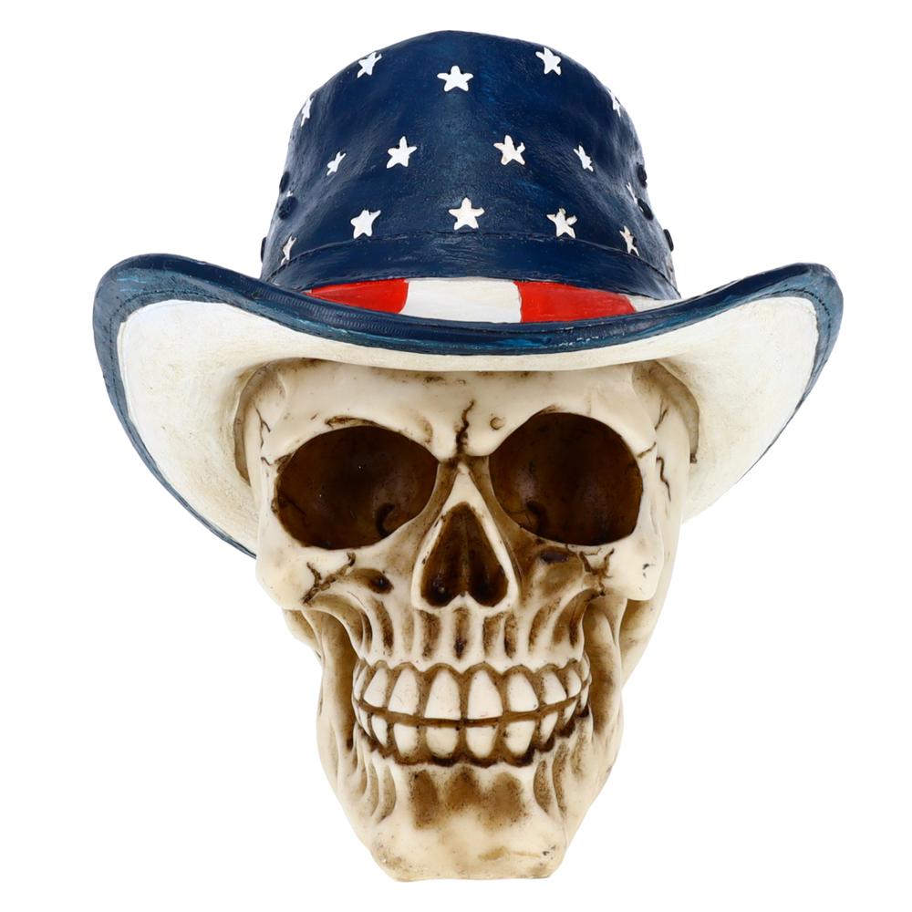 American Cowboy Skull P754752 Halloween Decoration Resin Patriotic Western Skeleton head Figurine Gothic Design. Picture 1