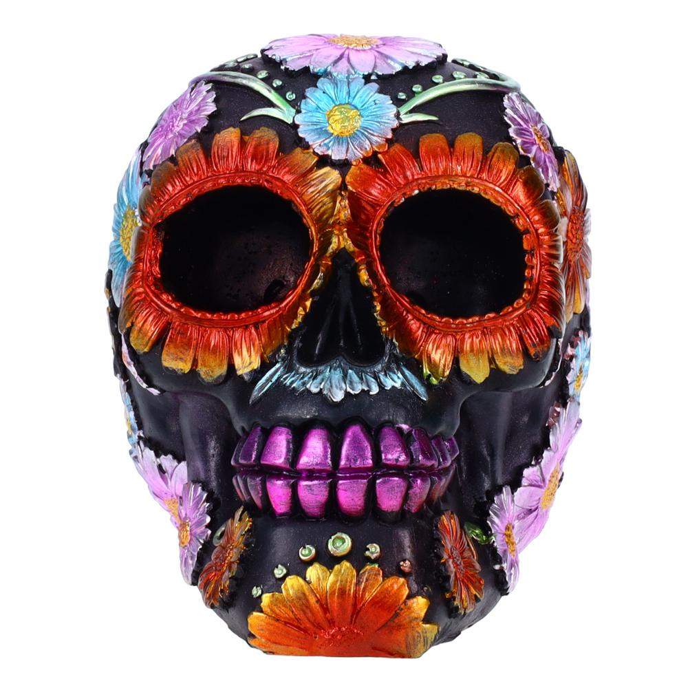 Resin Sugar Skull Black Day of the Dead Skull 1 P754754D - Flower Halloween Decoration Gothic DOD Skeleton Head Dia de los Muertos - Floral Black. Picture 1