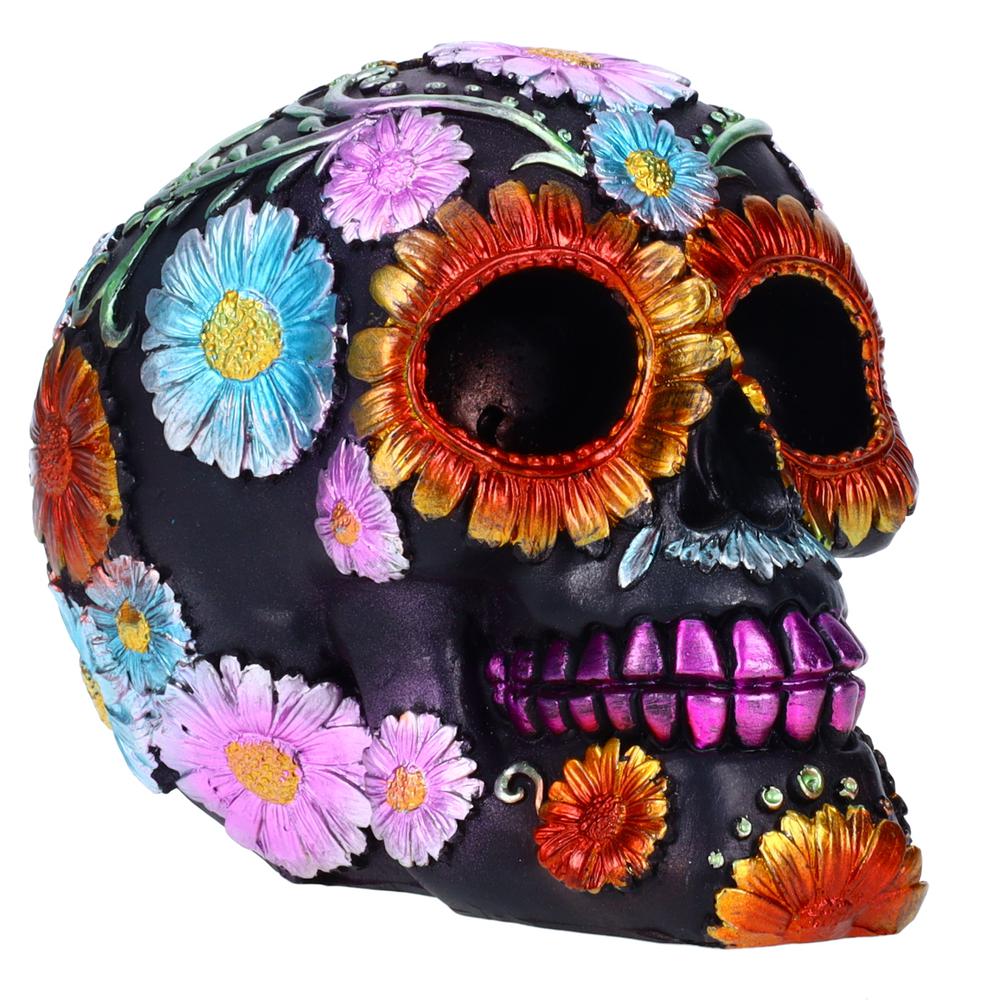 Resin Sugar Skull Black Day of the Dead Skull 1 P754754D - Flower Halloween Decoration Gothic DOD Skeleton Head Dia de los Muertos - Floral Black. Picture 2