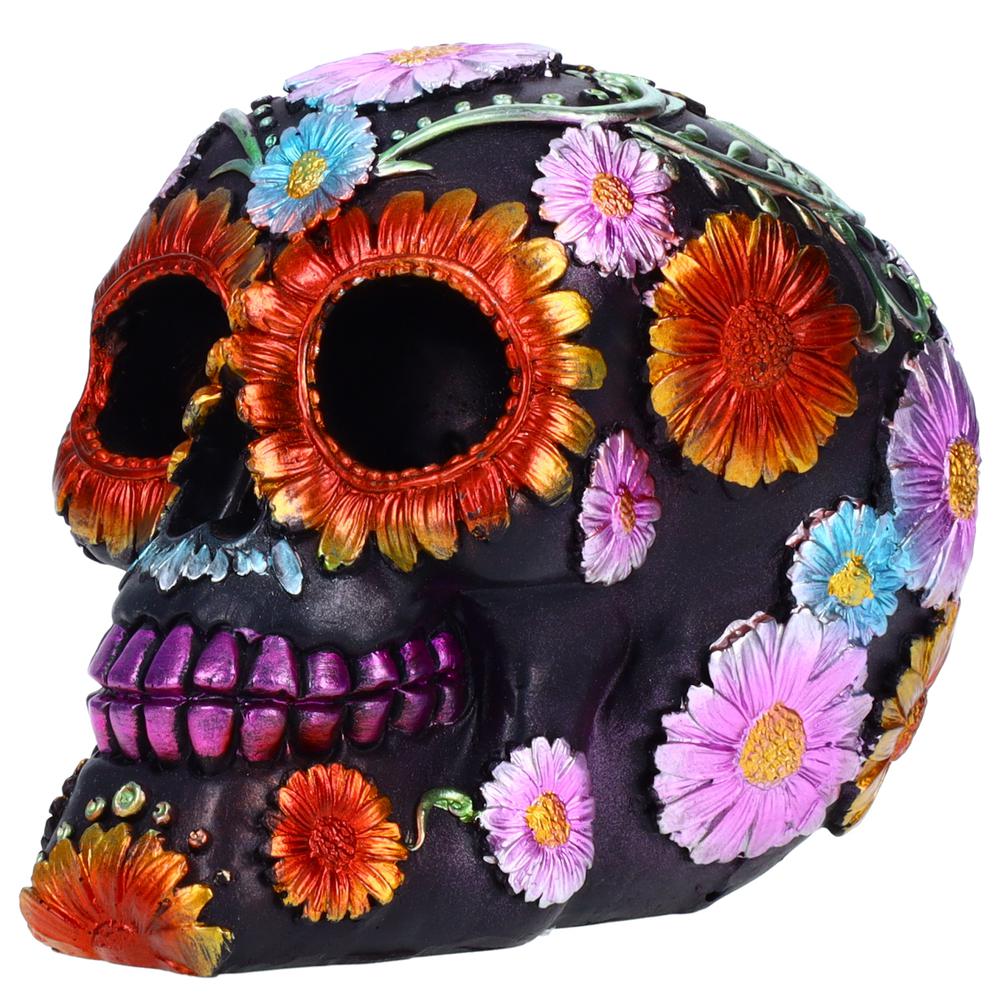 Resin Sugar Skull Black Day of the Dead Skull 1 P754754D - Flower Halloween Decoration Gothic DOD Skeleton Head Dia de los Muertos - Floral Black. Picture 3
