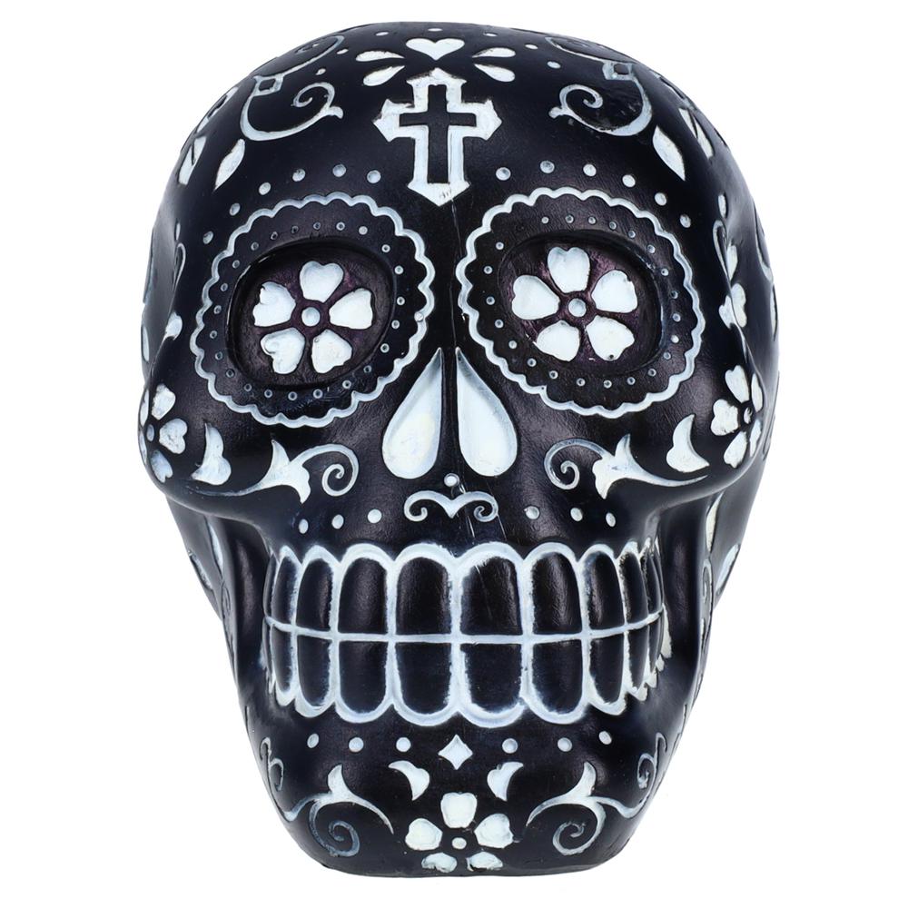 Resin Sugar Skull Black Day of the Dead Skull P754968A - Halloween Decoration Gothic DOD Skeleton Head Dia de los Muertos - Black and White. Picture 1