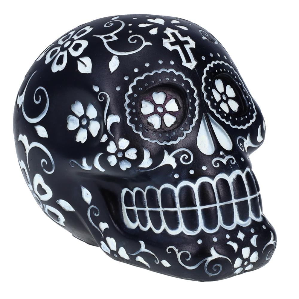Resin Sugar Skull Black Day of the Dead Skull P754968A - Halloween Decoration Gothic DOD Skeleton Head Dia de los Muertos - Black and White. Picture 2
