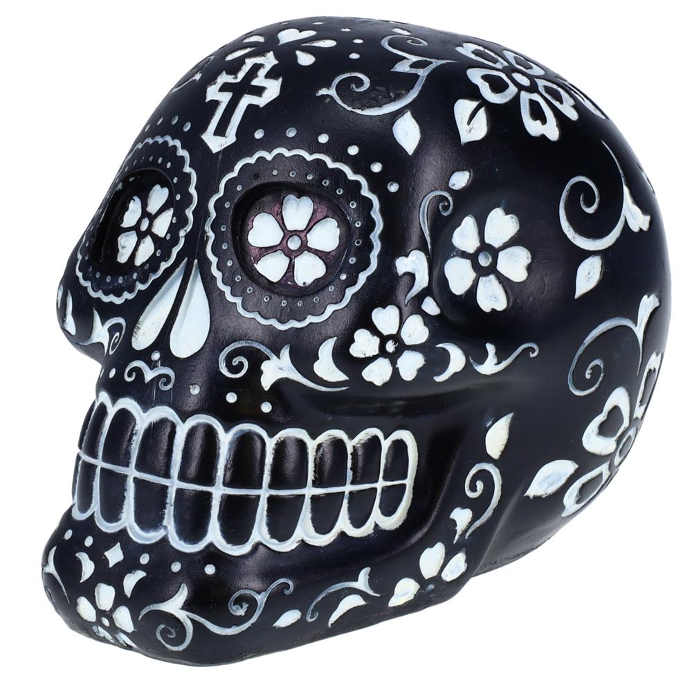 Resin Sugar Skull Black Day of the Dead Skull P754968A - Halloween Decoration Gothic DOD Skeleton Head Dia de los Muertos - Black and White. Picture 3