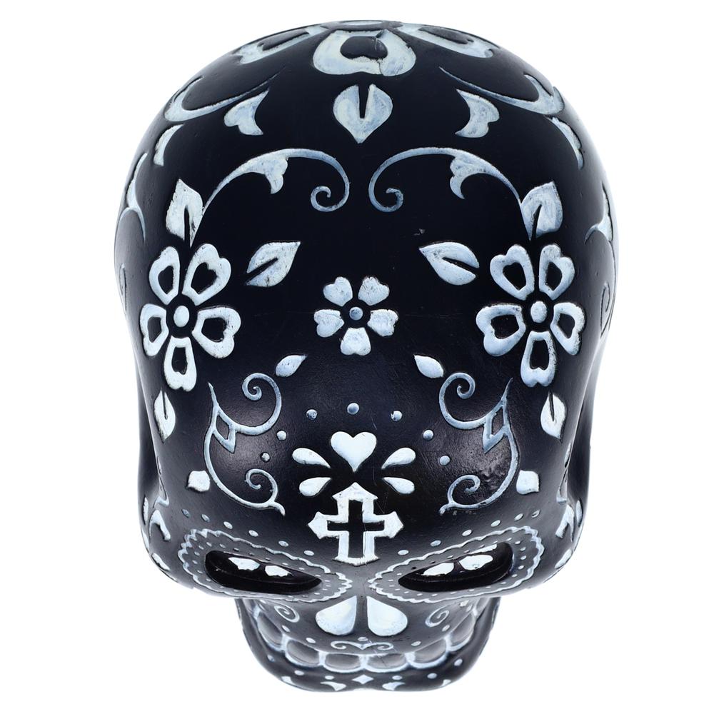 Resin Sugar Skull Black Day of the Dead Skull P754968A - Halloween Decoration Gothic DOD Skeleton Head Dia de los Muertos - Black and White. Picture 5