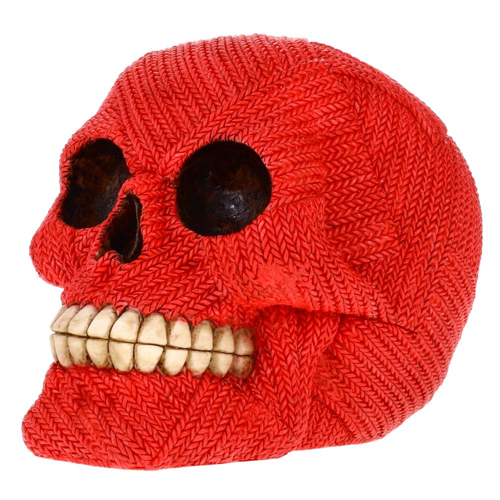 Small Size Resin Knit Skull Statue P784183A - Red Human Skull Sculpture Zombie Figurine for Halloween Gothic Collectible Ornament. Picture 2