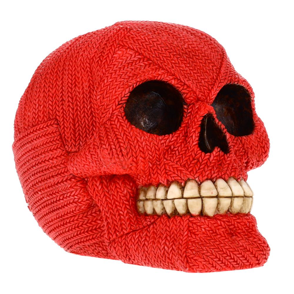 Small Size Resin Knit Skull Statue P784183A - Red Human Skull Sculpture Zombie Figurine for Halloween Gothic Collectible Ornament. Picture 3