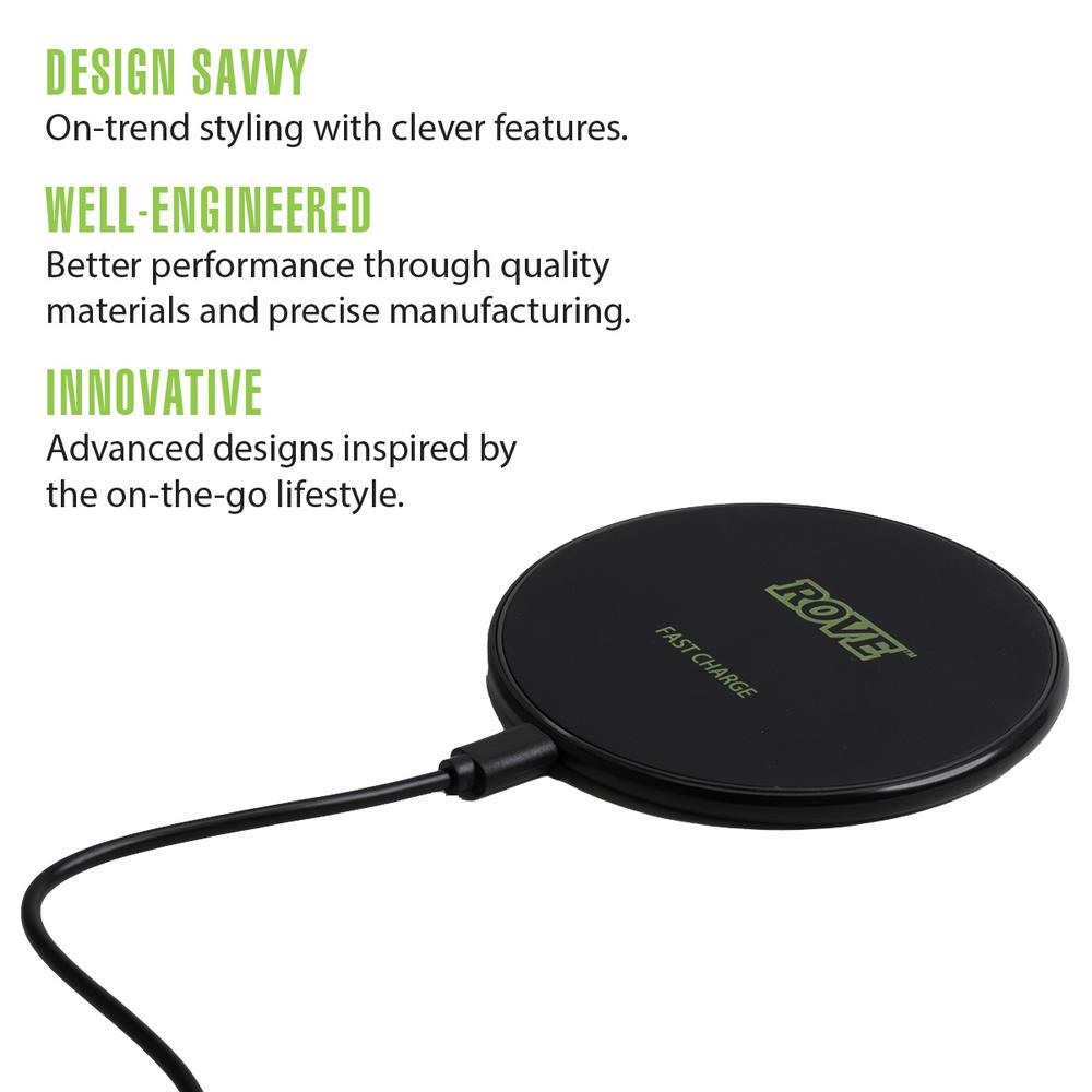 Rove RV03000 Wireless Charger 10W Qi Wireless Charging Pad for Qi Enabled Android or Apple Devices Slim Design 6ft Cord - Black. Picture 2