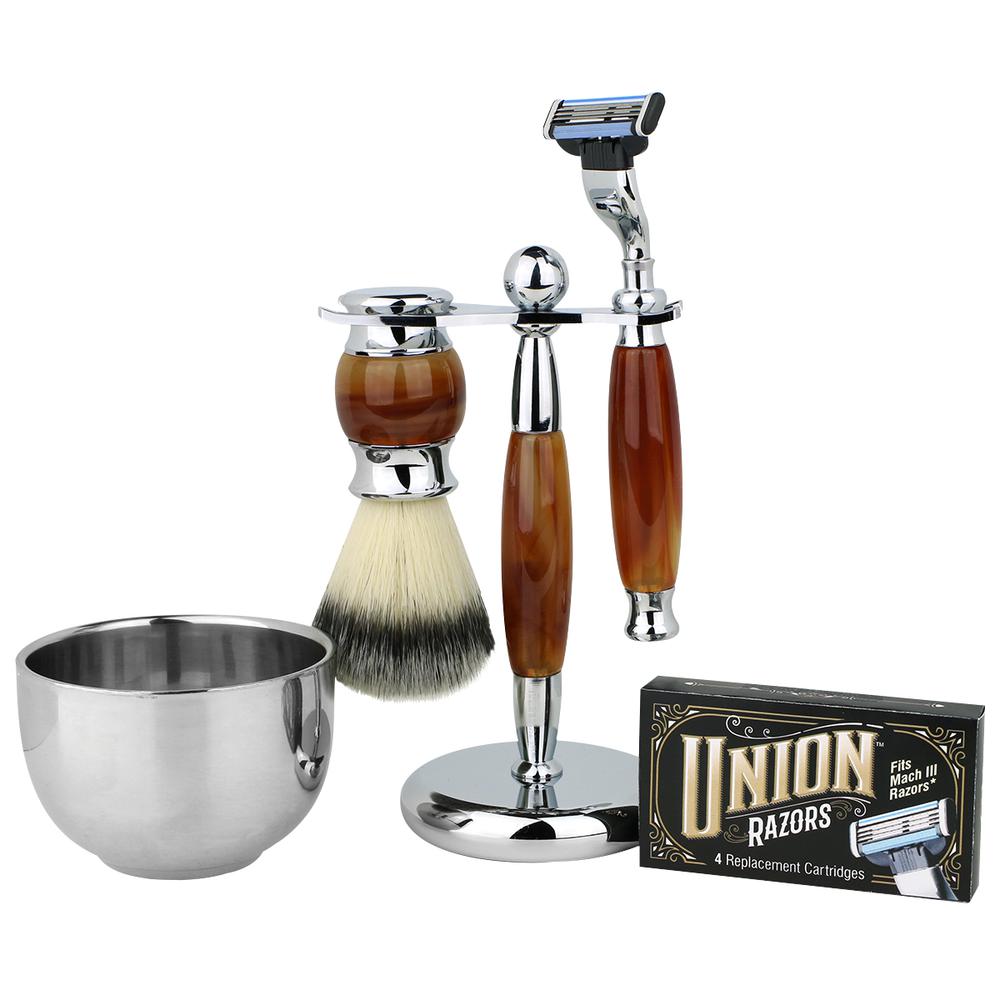 Union Razors SS3 Wet Shaving Kit for Men 5-Piece Shaving Gift Set with Brush and Stand Razor Barber Kit - Tiger Eye. Picture 1