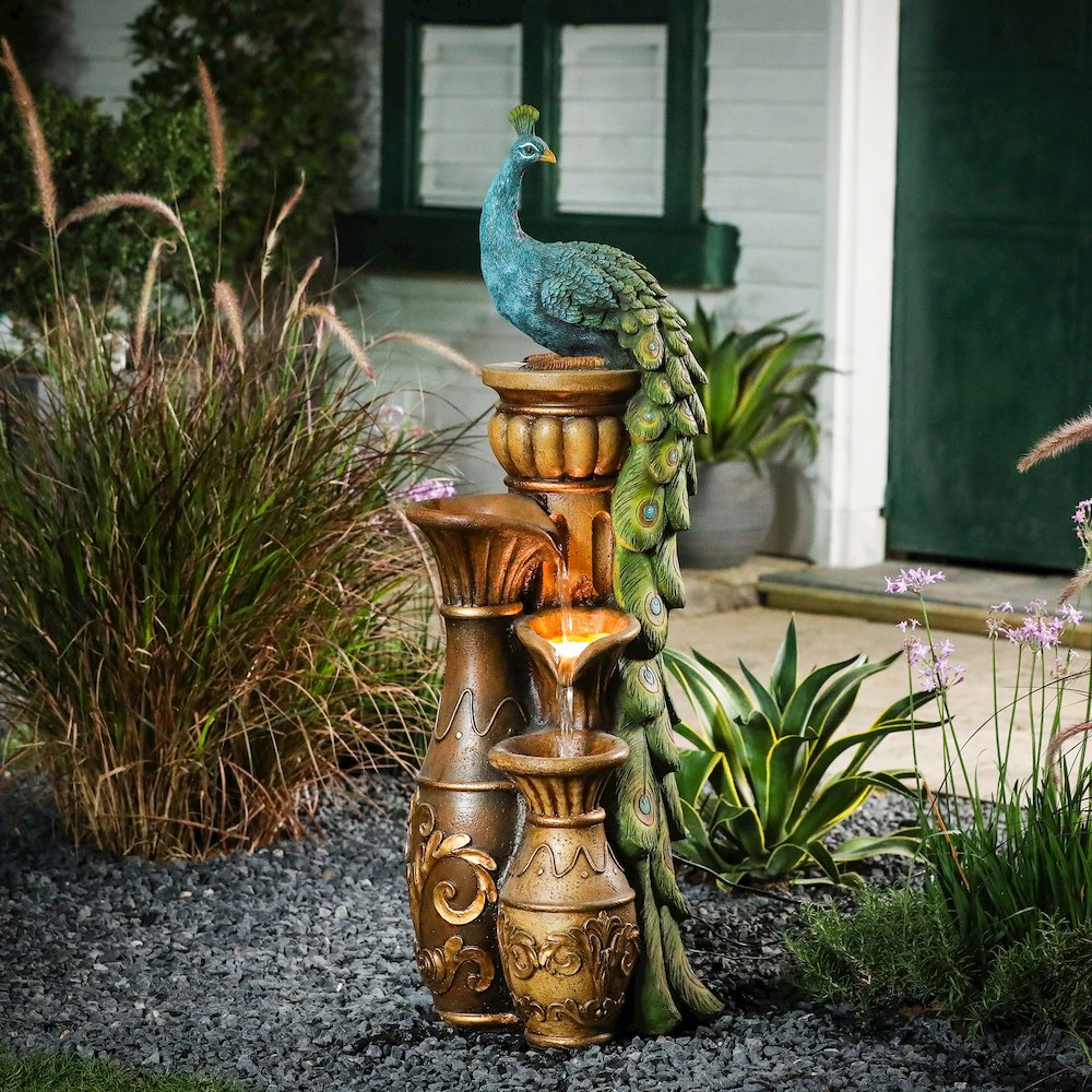 Resin Pedestal Peacock and Urns Outdoor Fountain. Picture 2