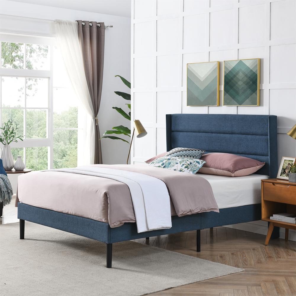 BIKAHOM Mid-Century King Size Upholstery Platform Bed Frame with Fabric Tufted Horizontal Channel Wingback Headboard, Mattress Foundation with Strong Wooden Slats & No Box Spring Needed, Blue. Picture 4