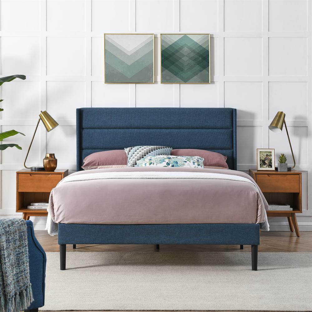 BIKAHOM Mid-Century King Size Upholstery Platform Bed Frame with Fabric Tufted Horizontal Channel Wingback Headboard, Mattress Foundation with Strong Wooden Slats & No Box Spring Needed, Blue. Picture 1