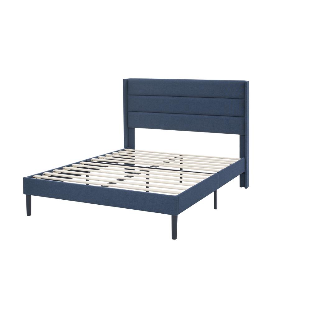 BIKAHOM Mid-Century King Size Upholstery Platform Bed Frame with Fabric Tufted Horizontal Channel Wingback Headboard, Mattress Foundation with Strong Wooden Slats & No Box Spring Needed, Blue. Picture 2