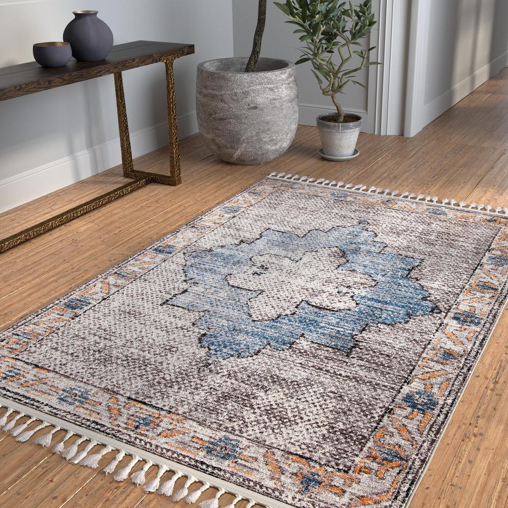 Mojave Distressed Medallion Cream and Blue Polyester Area Rug, 7'10" x 10'1". Picture 2