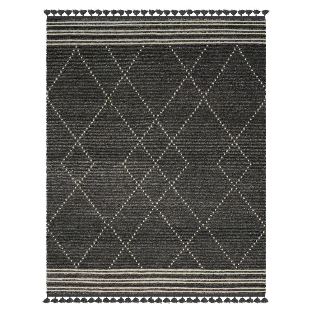 Vail Stona Charcoal and Ivory - Wool and Cotton Area Rug with Tassels, 5' x 8'. Picture 1
