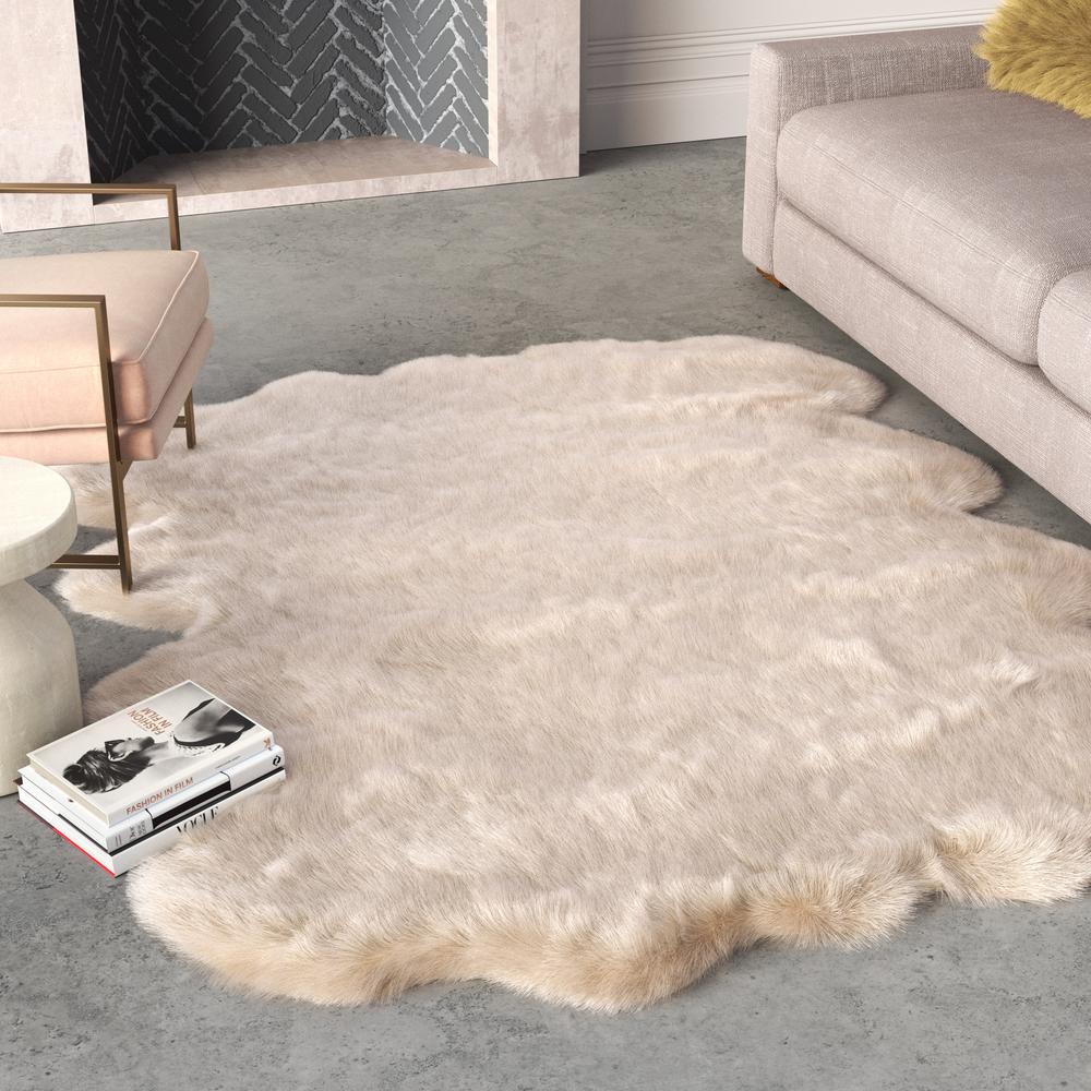 Gloss Beige Faux Fur Area Rug, 2' x 3'. Picture 5
