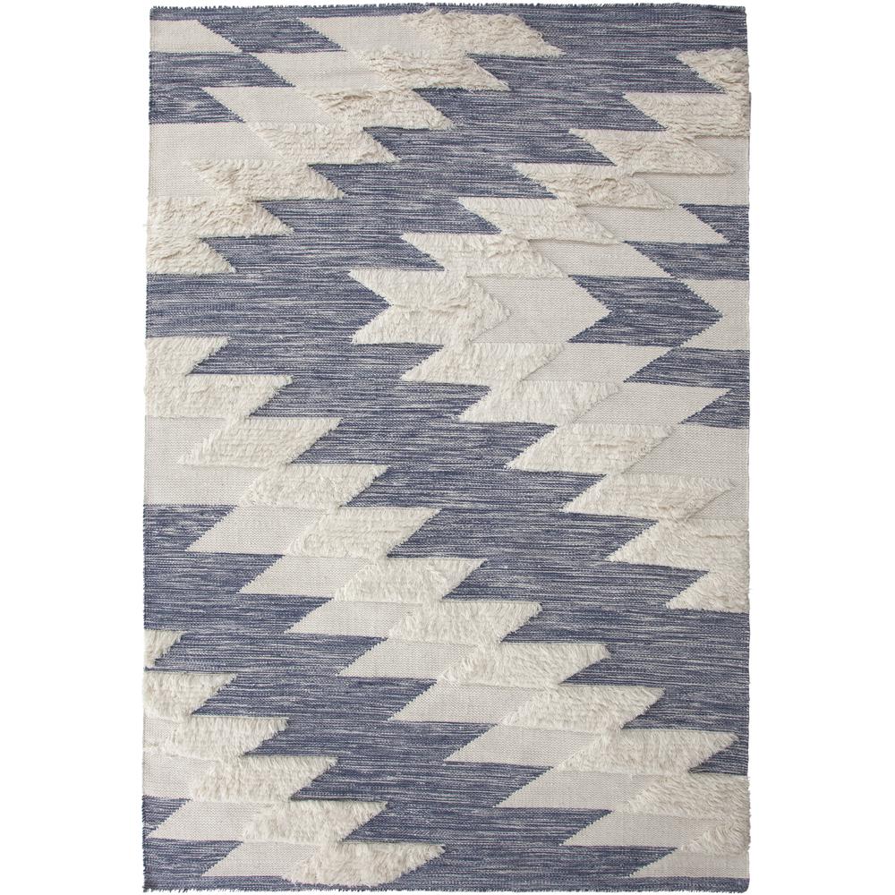 Chloe Nico Ivory and Blue Wool Blend Handwoven High-Low Area Rug, 5' x 8'. Picture 1