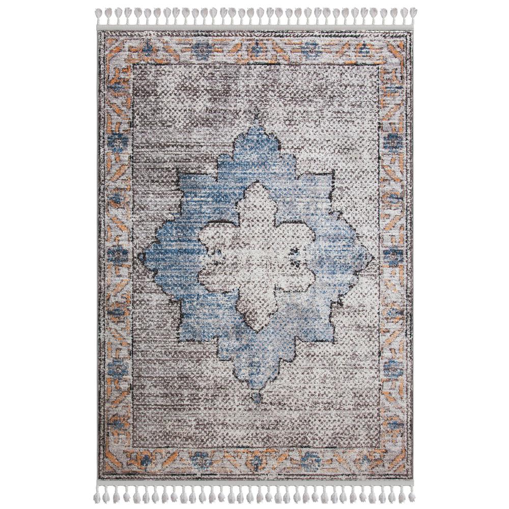 Mojave Distressed Medallion Cream and Blue Polyester Area Rug, 7'10" x 10'1". Picture 1