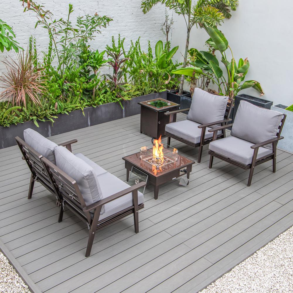 LeisureMod Walbrooke Modern Brown Patio Conversation With Square Fire Pit & Tank Holder, Grey. Picture 9