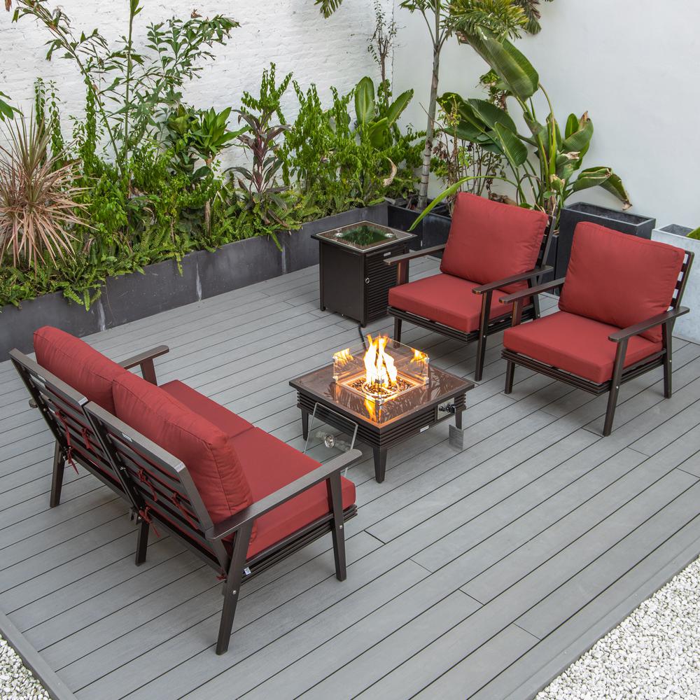 LeisureMod Walbrooke Modern Brown Patio Conversation With Square Fire Pit With Slats Design & Tank Holder, Red. Picture 5