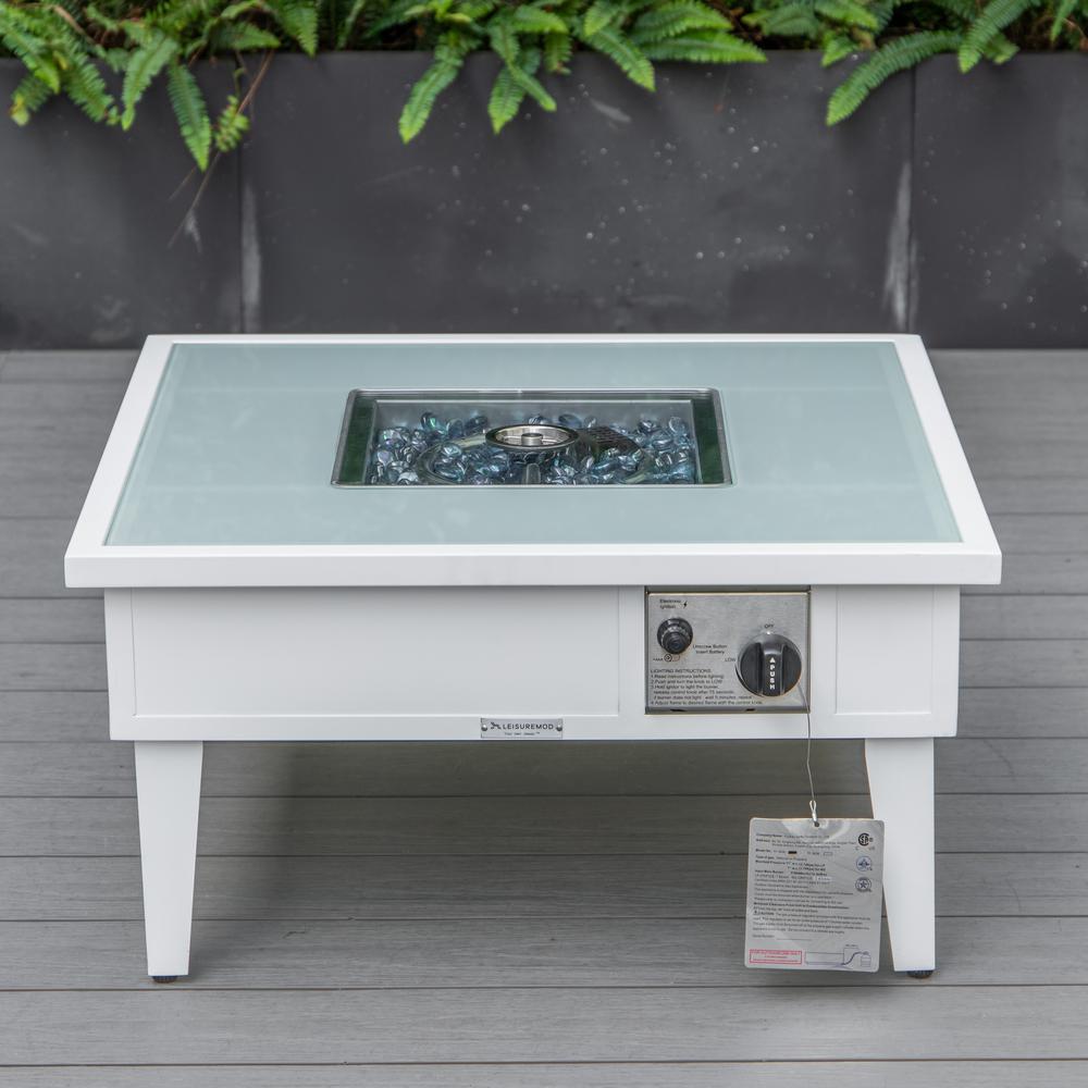 LeisureMod Walbrooke Modern White Patio Conversation With Square Fire Pit & Tank Holder, Grey. Picture 3