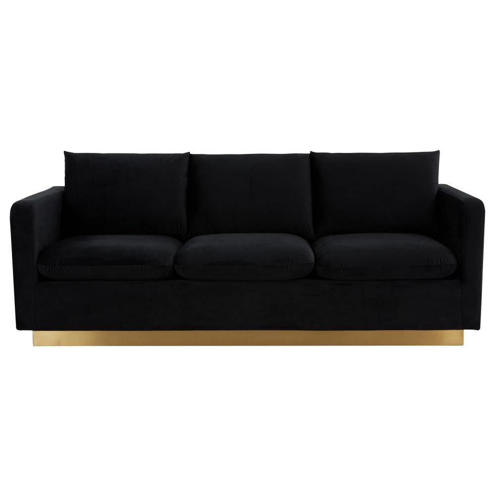 LeisureMod Nervo Modern Mid-Century Upholstered Velvet Sofa with Gold Frame, Midnight Black. Picture 2