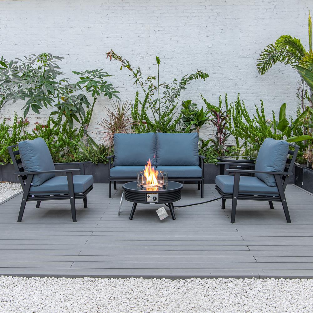 LeisureMod Walbrooke Modern Black Patio Conversation With Round Fire Pit With Slats Design & Tank Holder, Navy Blue. Picture 6