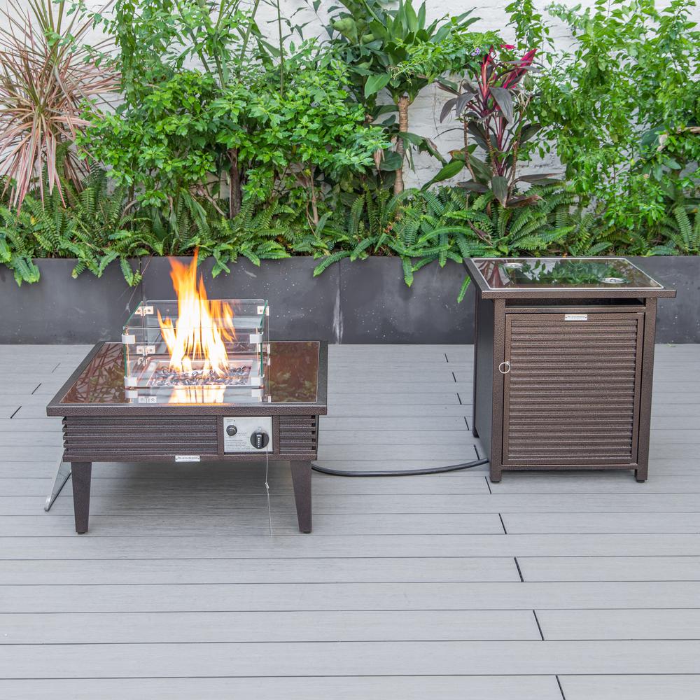 LeisureMod Walbrooke Modern Brown Patio Conversation With Square Fire Pit With Slats Design & Tank Holder, Red. Picture 6