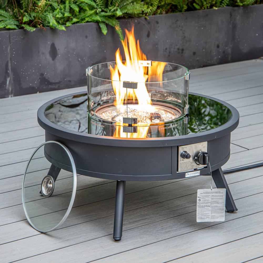 LeisureMod Walbrooke Modern Black Patio Conversation With Round Fire Pit & Tank Holder, Charcoal. Picture 6