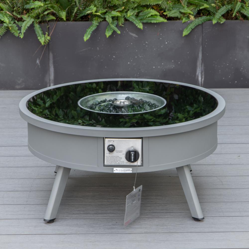 LeisureMod Walbrooke Modern Grey Patio Conversation With Round Fire Pit & Tank Holder, Light Grey. Picture 3