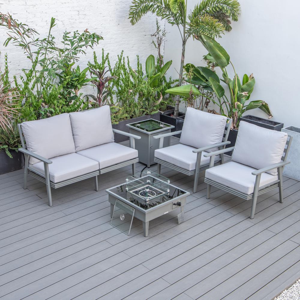 LeisureMod Walbrooke Modern Grey Patio Conversation With Square Fire Pit & Tank Holder, Light Grey. Picture 8