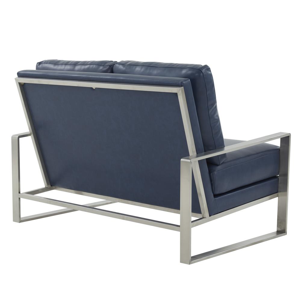 Leisuremod Jefferson Contemporary Modern Faux Leather Loveseat With Silver Frame, Navy Blue. Picture 4