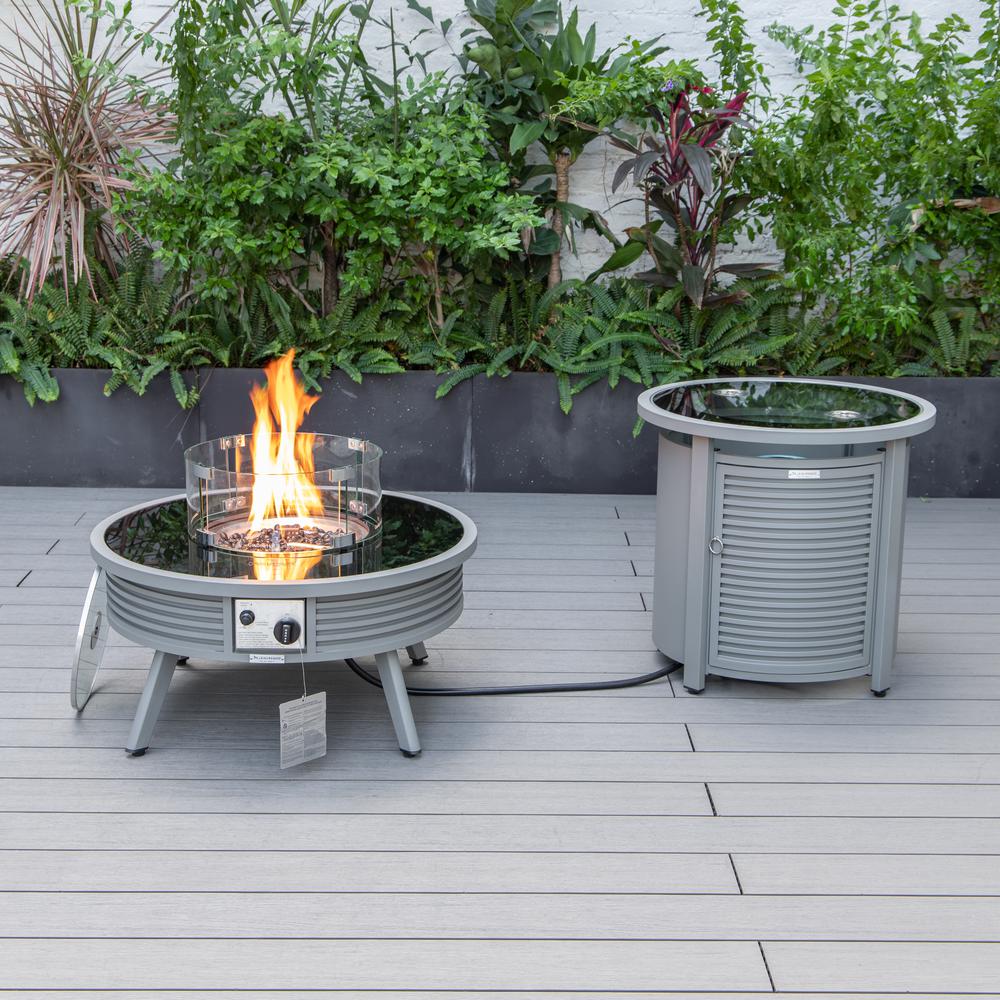 LeisureMod Walbrooke Modern Grey Patio Conversation With Round Fire Pit With Slats Design & Tank Holder, Navy Blue. Picture 5