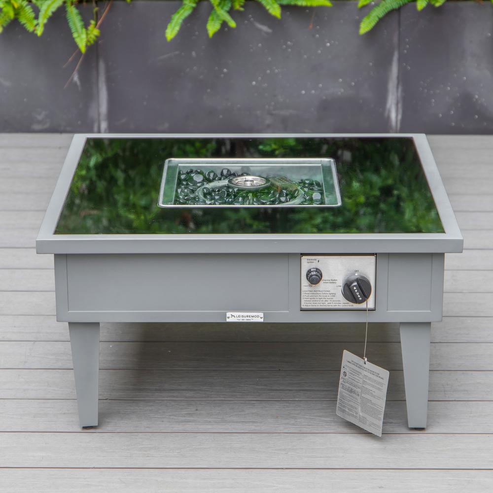 LeisureMod Walbrooke Modern Grey Patio Conversation With Square Fire Pit & Tank Holder, Red. Picture 5