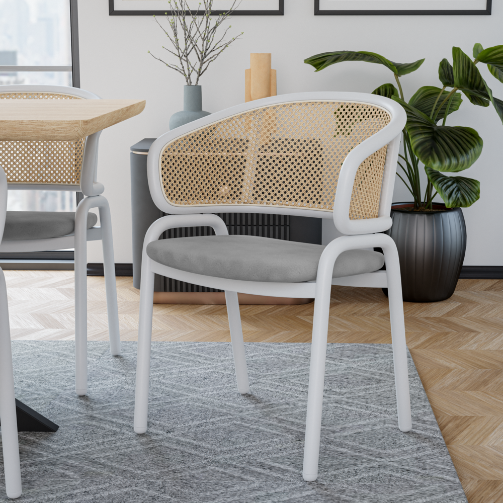 Ervilla Modern Dining Chair with White Powder Coated Steel Legs and Wicker Back. Picture 16