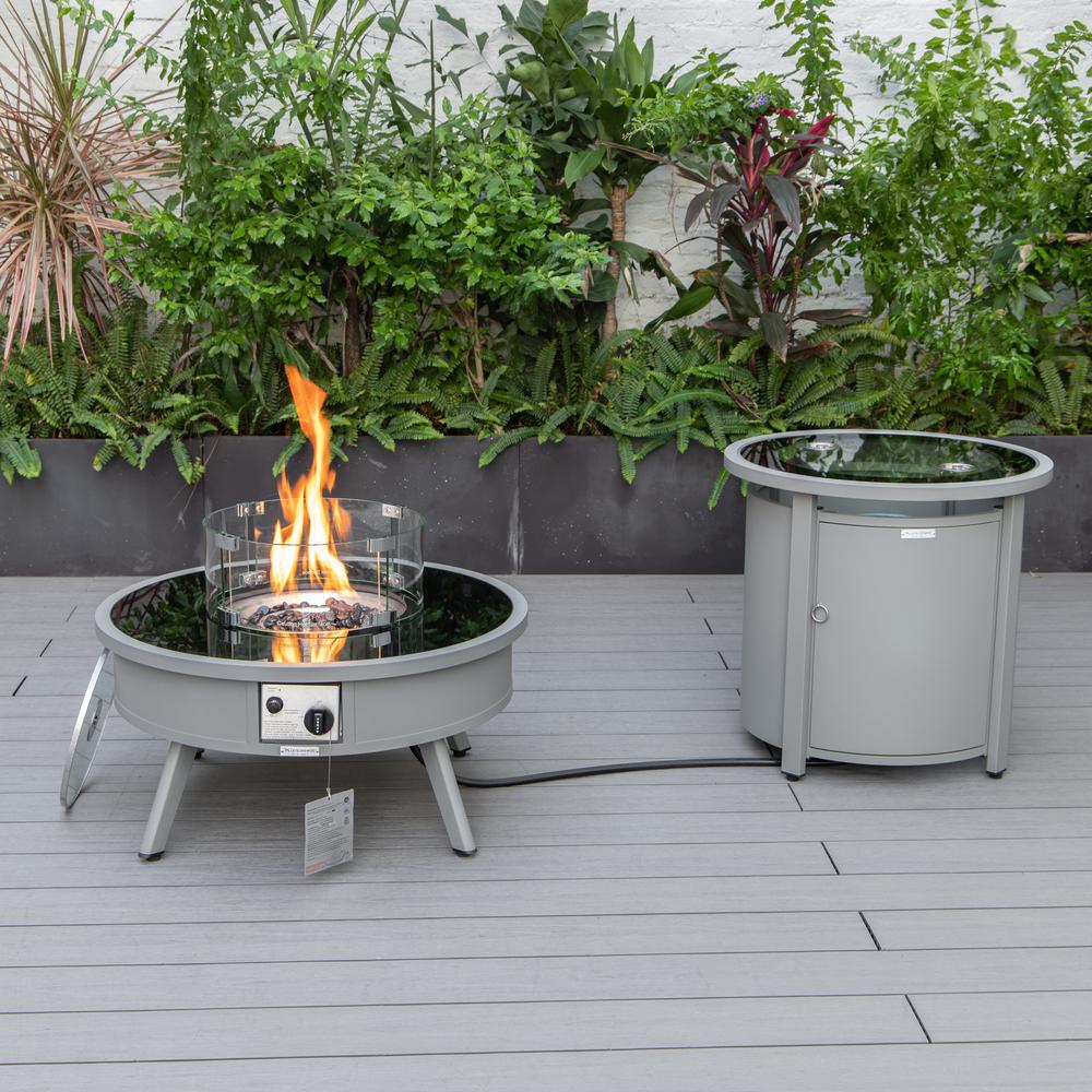 LeisureMod Walbrooke Modern Grey Patio Conversation With Round Fire Pit & Tank Holder, Green. Picture 5