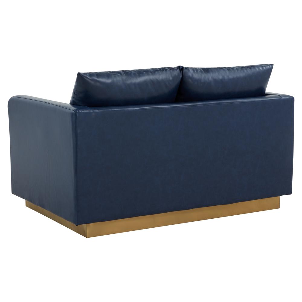 LeisureMod Nervo Modern Mid-Century Upholstered Leather Loveseat with Gold Frame, Navy Blue. Picture 3