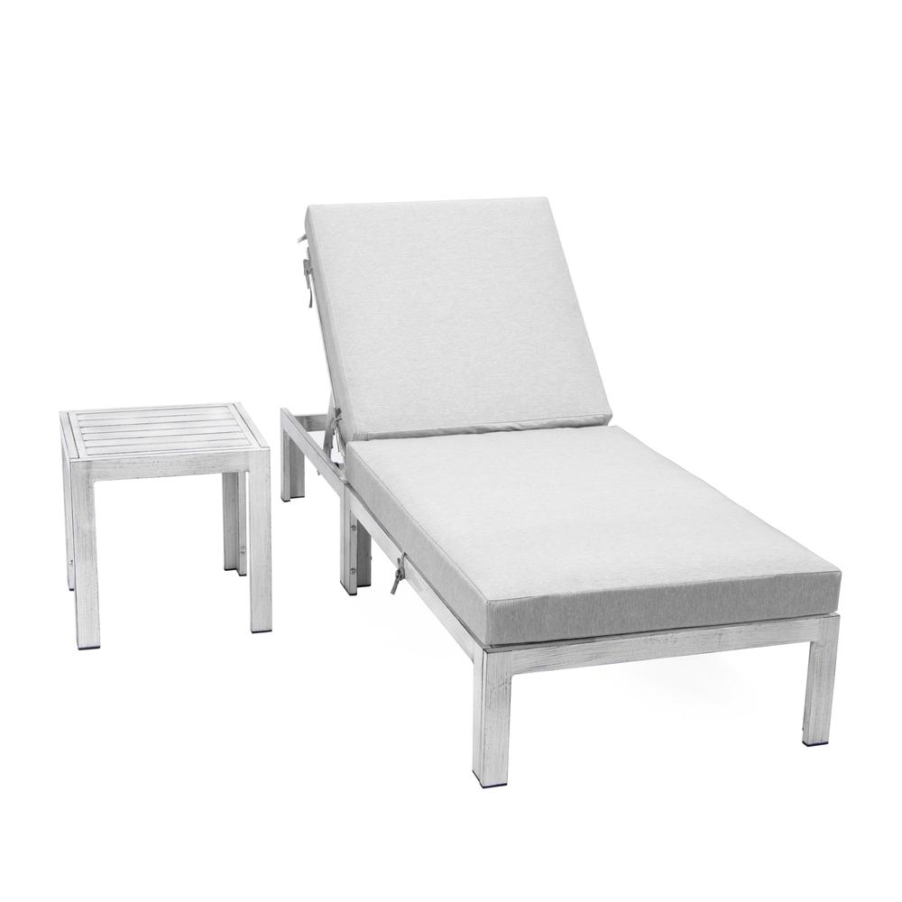 Outdoor Weathered Grey Chaise Lounge Chair With Side Table & Cushions. Picture 8
