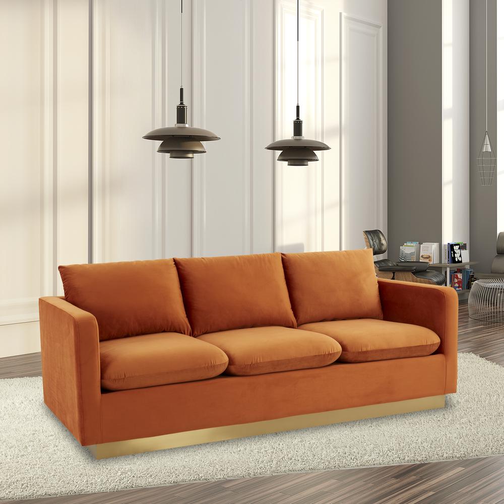 LeisureMod Nervo Modern Mid-Century Upholstered Velvet Sofa with Gold Frame, Orange Marmalade. Picture 6