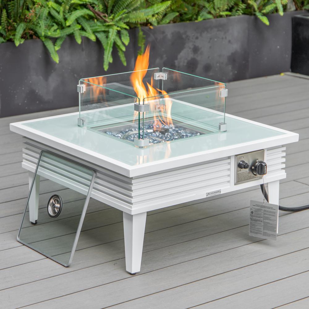 LeisureMod Walbrooke Modern White Patio Conversation With Square Fire Pit With Slats Design & Tank Holder, Red. Picture 3