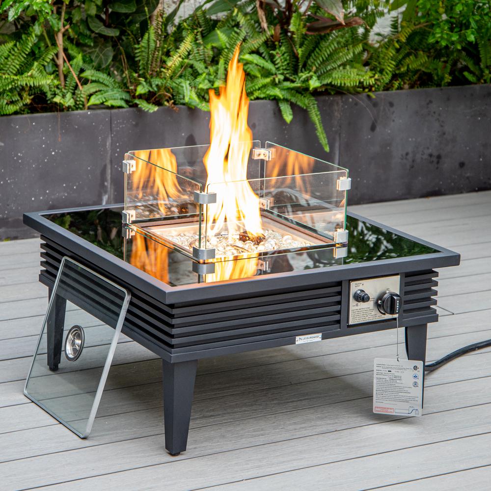 LeisureMod Walbrooke Modern Black Patio Conversation With Square Fire Pit With Slats Design & Tank Holder, Light Grey. Picture 8